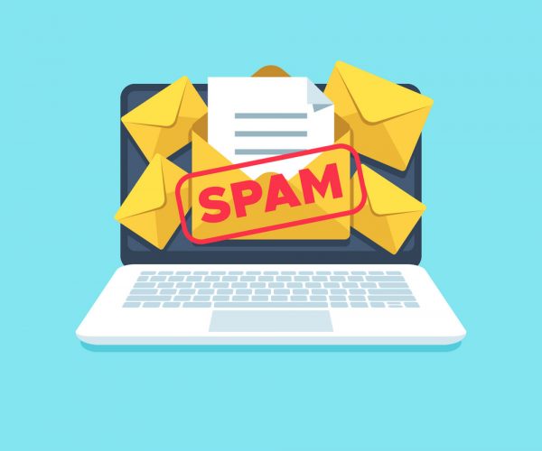 Full email inbox of spam. Spammer letters in full mailbox on computer screen isolated. Computers virus scam lot messages junk in letterbox vector icon flat illustration